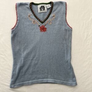 Storybook Knits Sweater Vest Embroidered Floral Cotton Ramie Womens XS Blue